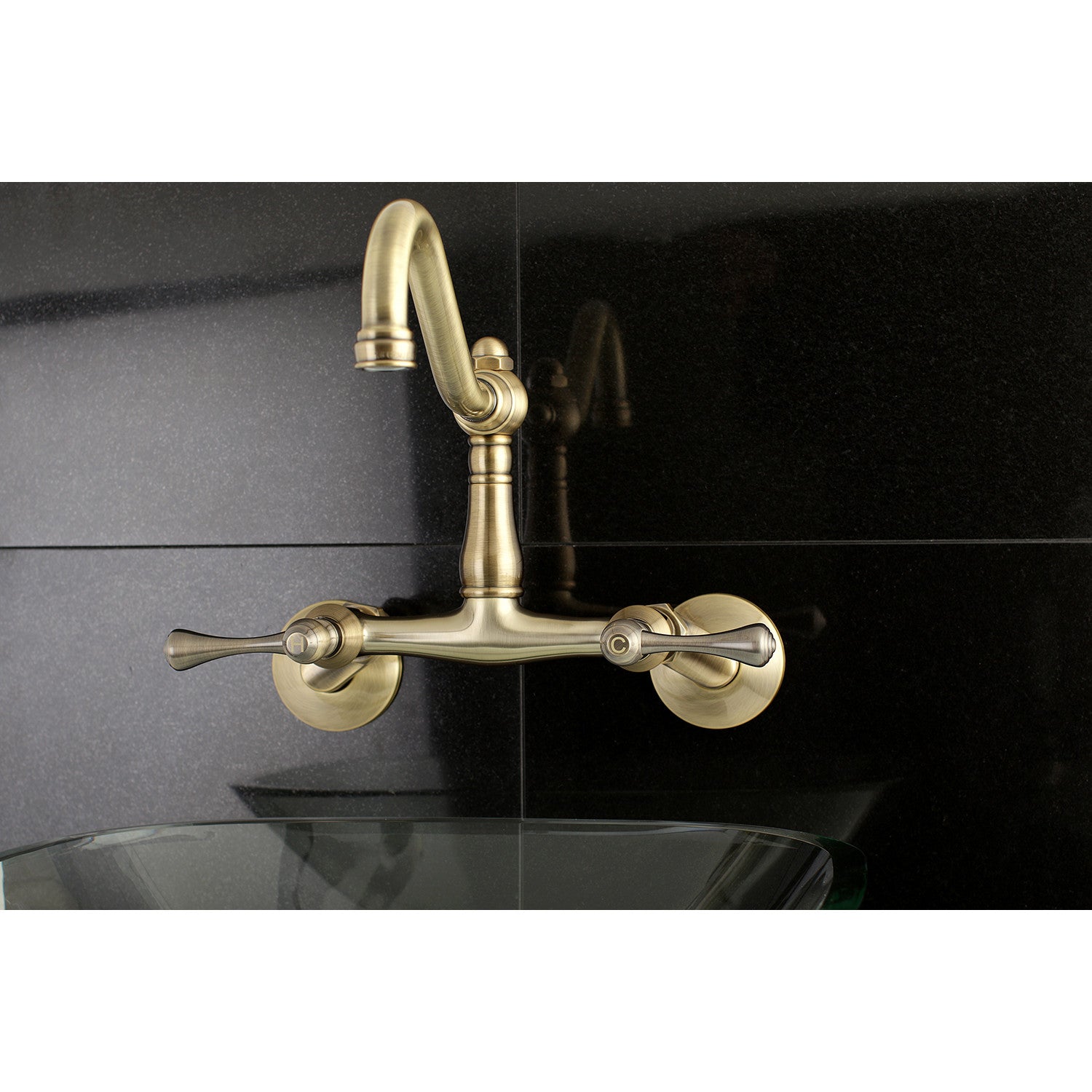 Kingston Heirloom KS3223BL - Vintage Two-Handle 2-Hole Wall Mount Bridge Kitchen Faucet, Antique Brass — thumbnail 2